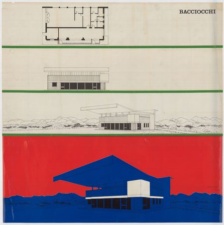 Intervento di Costantino Dardi sul modello di stazione di servizio Agip (tipo Bacciocchi, 1952), 1972. Università Iuav di Venezia, Sbd – Archivio Progetti, Fondo Costantino Dardi.