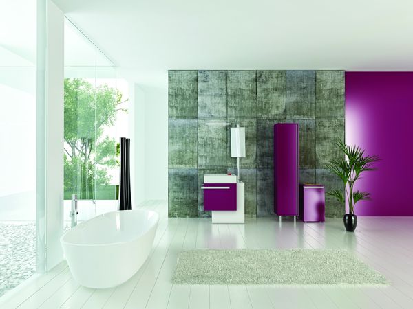 Modern bathroom interior with concrete wall and pink furniture
