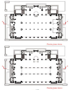 2. Piante del piano terra e del piano tipo (terzo piano) con evidenza delle gallerie e del grande atrio centrale.